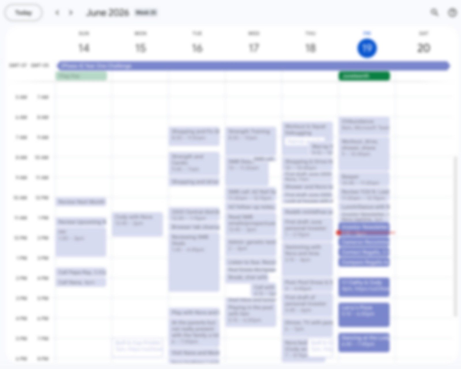 A blurred screenshot of my weekly calendar, filled with color-coded blocks of planned and tracked time