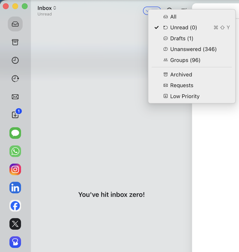 The Beeper app showing inbox zero, with a sidebar of connected chat apps including texts, WhatsApp, Instagram, LinkedIn, Facebook and X