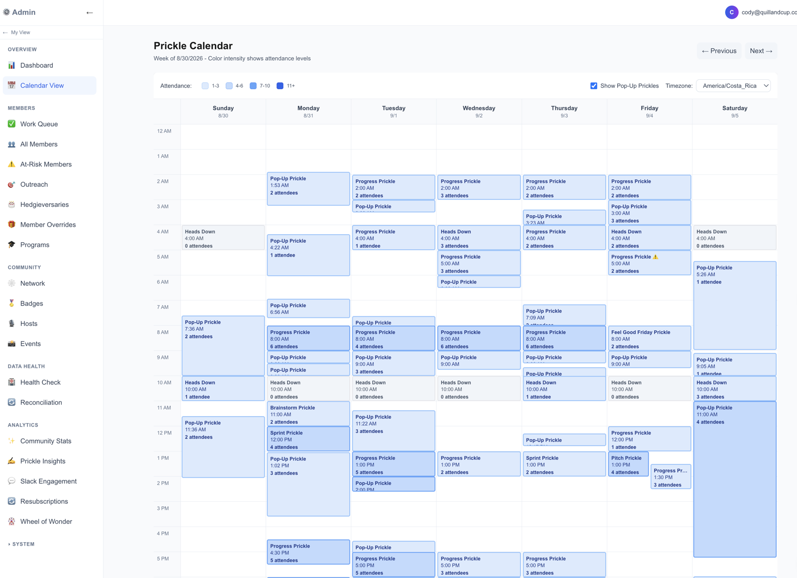 Hedgie Hub admin calendar view showing weekly writing sessions and attendance