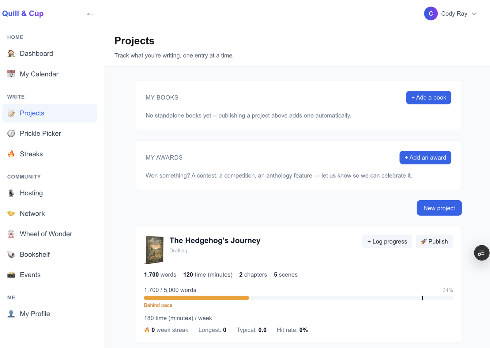 Hedgie Hub member projects page tracking words written, time, and streaks
