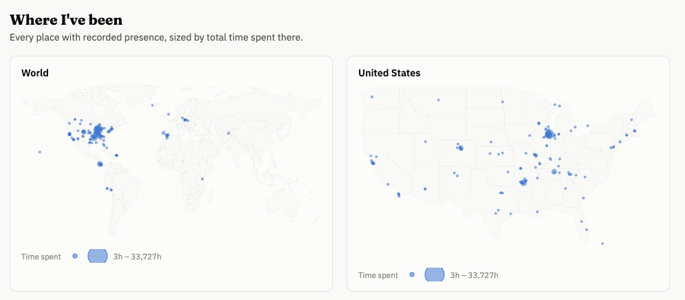 Lifelog "Where I've been" maps of the world and United States, sized by time spent